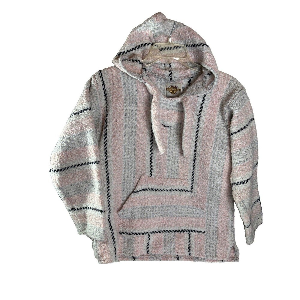 Earth Ragz Baja Hoodie Womens Small Pink Gray Striped Pullover Kangaroo Pocket